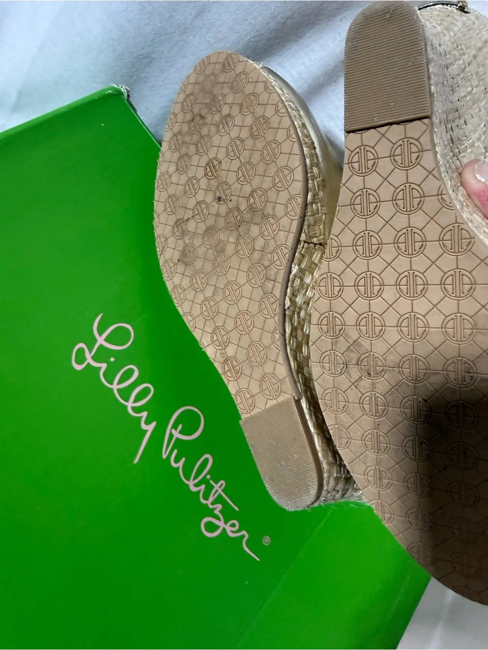 Lilly Pulitzer Gold Peep-Toe Wedge Slingback Sandals Size 9.5